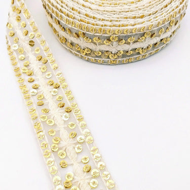 Nine Yards White Net Lace Trim Floral Embroidered With Gold Sequins, Sequinned Trim, Wedding Trim Bridal Trim